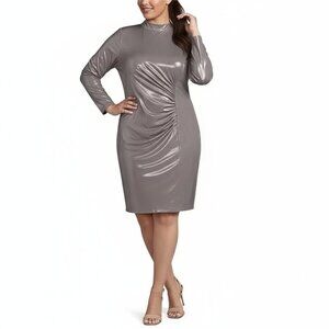 Vince Camuto Metallic Taupe Long-Sleeve Ruched Mini Dress
